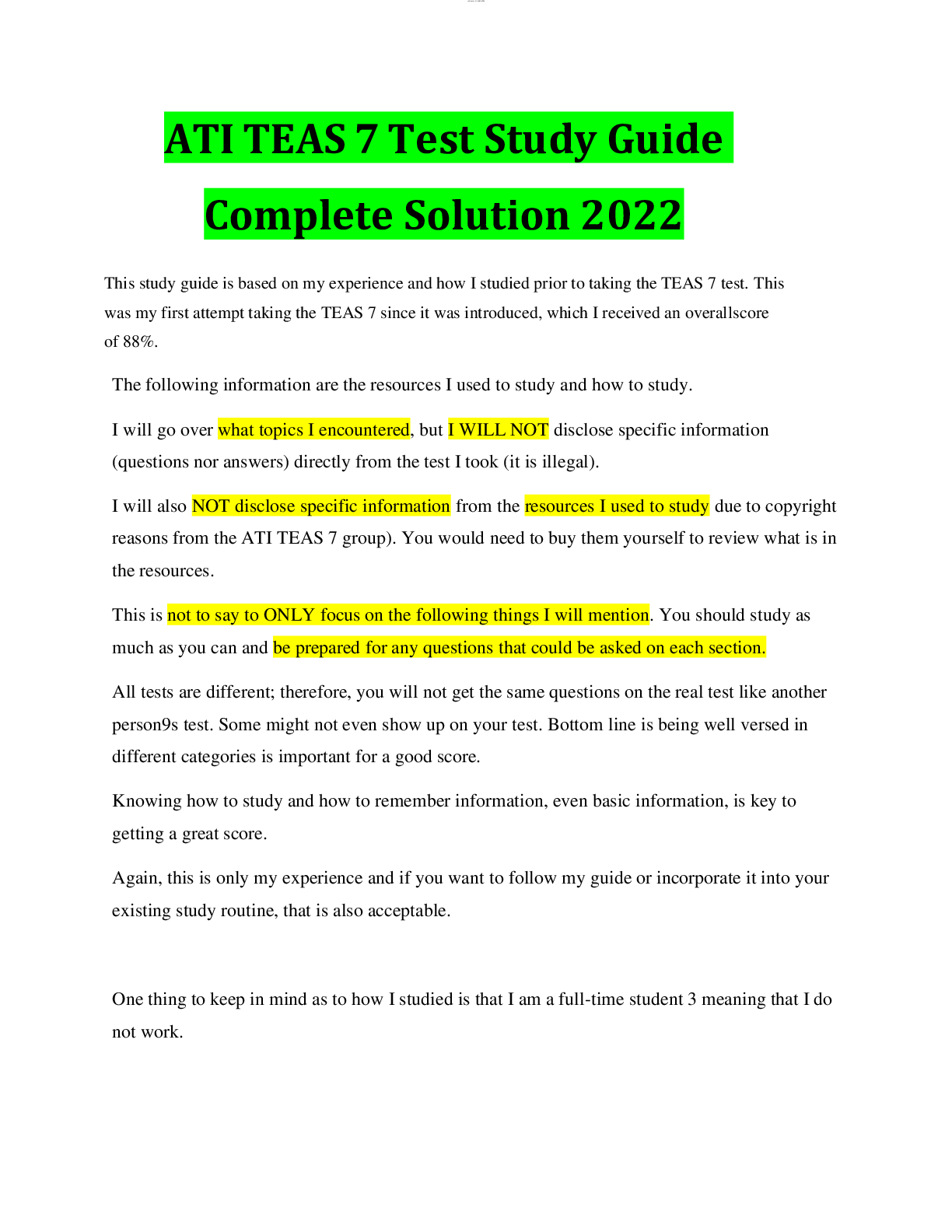Preview image for ATI  TEAS 7 Test Study Guide Complete Solution 2022